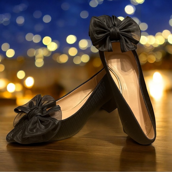 Shoes - Elegant Black Formal Organza Bow Satin Textured Block Heel Evening Pumps Shoes